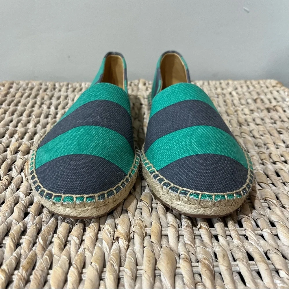 J. Crew Striped Canvas Slip-On Flat Espadrilles‎ Navy Kelly Green AW595 7 NIB